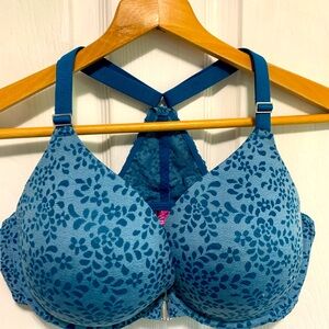 Adore Me Padded Plunge Bra 38DD Blue Adjustable Straps front Closure racerback